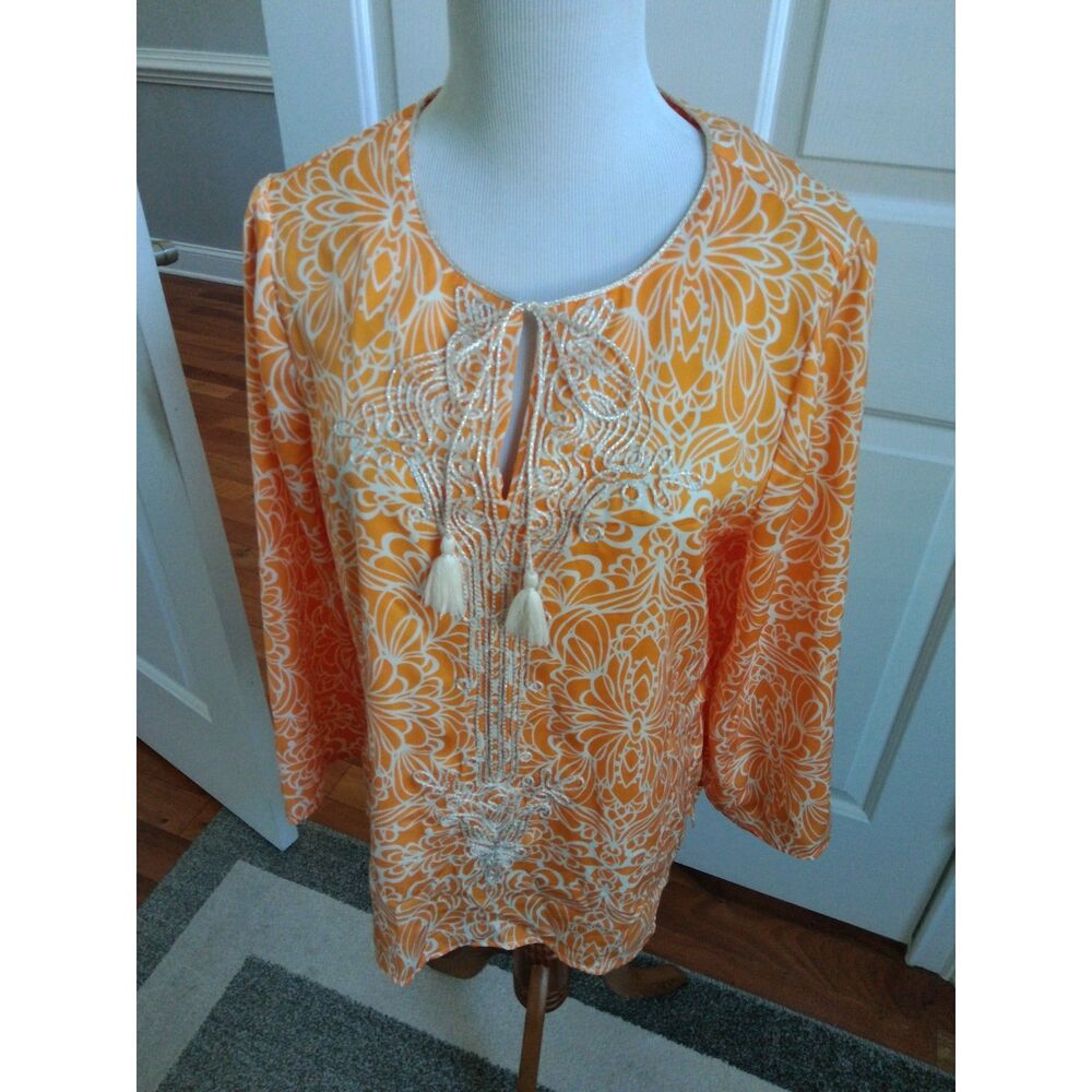 NWT CHICO'S SPLIT NECK PULLOVER MIRRORED SCROLLS BLOUSE SUMMER CITRUS SIZE 1 = 8